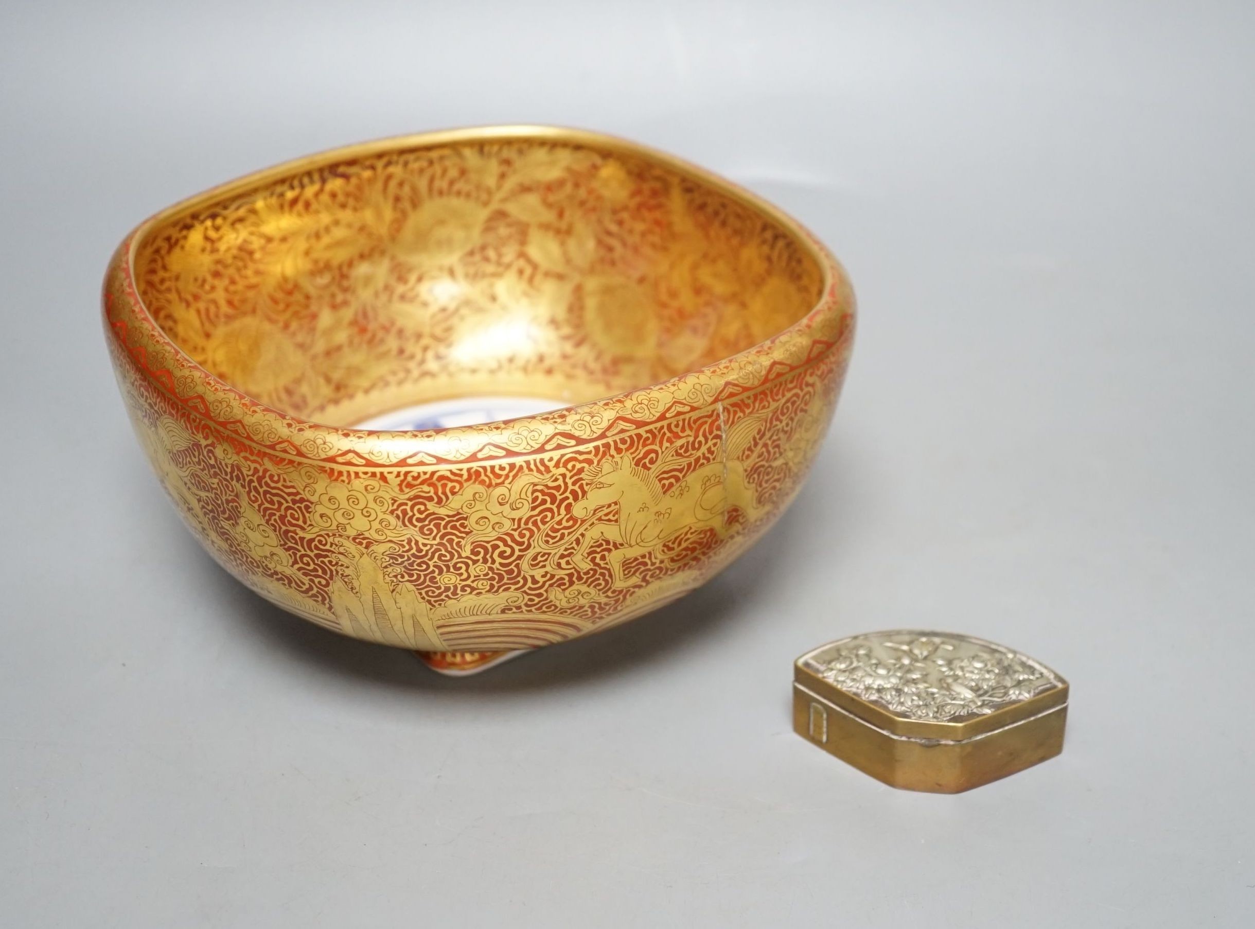 A Japanese mixed metal box and a Kutani style bowl, bowl 17 cms diameter.